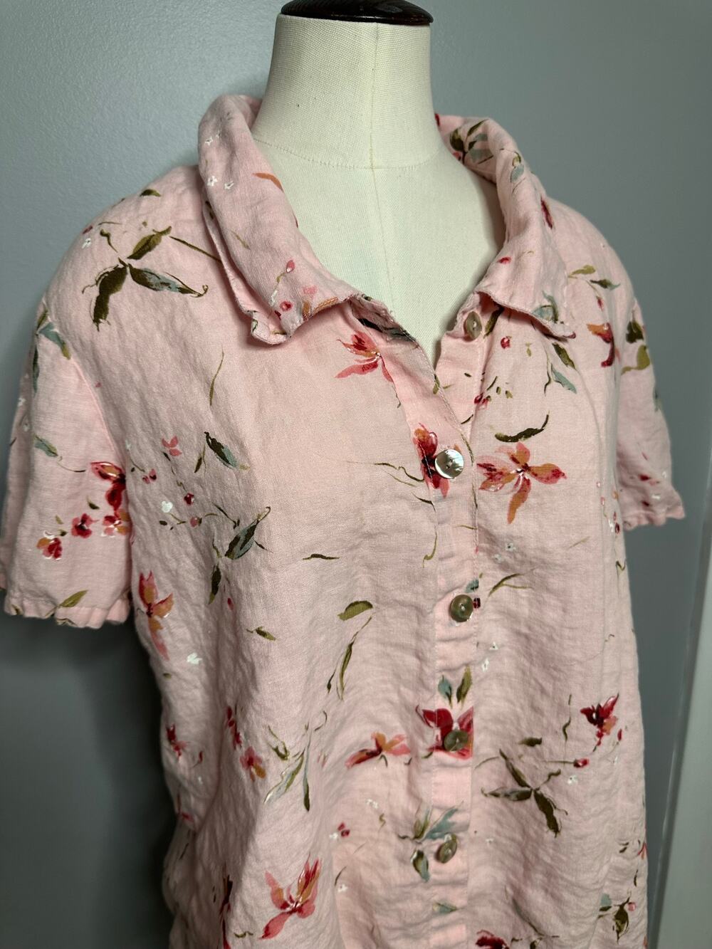 Two Star Dog Womens Pink Button Up Linen Short Sleeve Floral Small